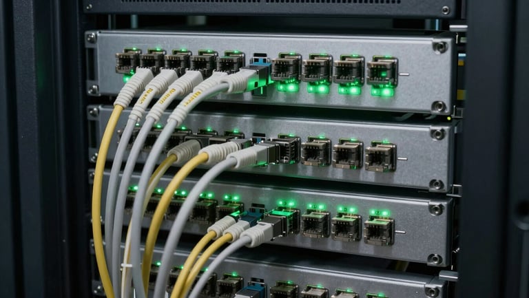 Clean server rack with neatly organized CAT6 data cables and communication connectors, blinking green indicator lights.