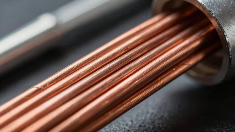Macro close-up of heavy-duty copper wiring bundles and clean electrical conduits, high-contrast industrial lighting.