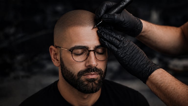 Professional scalp micropigmentation procedure being performed on a man's hairline to treat hair loss.