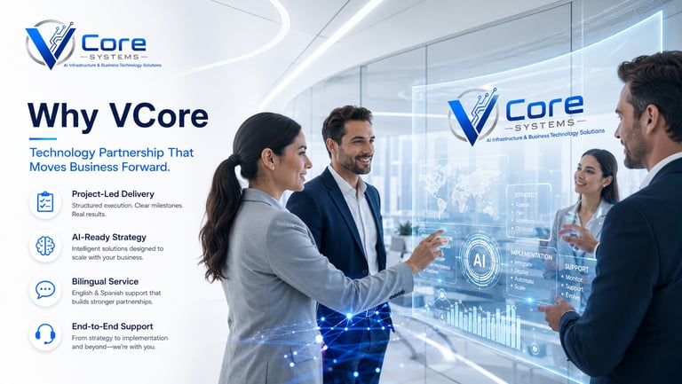 Business professionals using a digital AI interface for VCore Systems infrastructure and technology solutions.