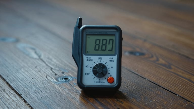 Straight-on macro photograph of a digital moisture meter calibrating relative humidity on a historic timber subfloor, clean slate-blue shadows.