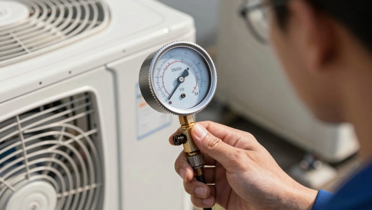 Close-up of a technician's hand adjusting a digital manifold gauge connected to an AC unit, sharp focus, bright daylight.