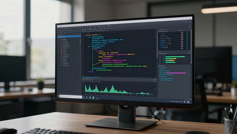 Widescreen monitor in a dim modern office showing a React component tree and performance profiler, natural side light from a window, no persons visible, architectural desk surface