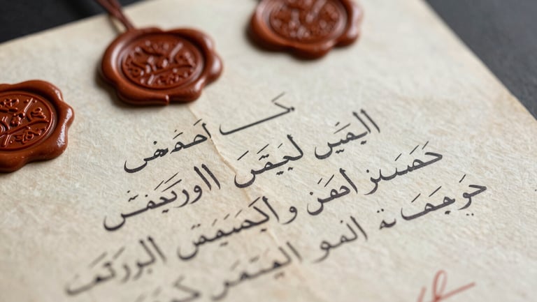Extreme close-up of a vintage Lebanese land deed document, hand-written Arabic calligraphy alongside official wax seals, high-contrast side lighting.