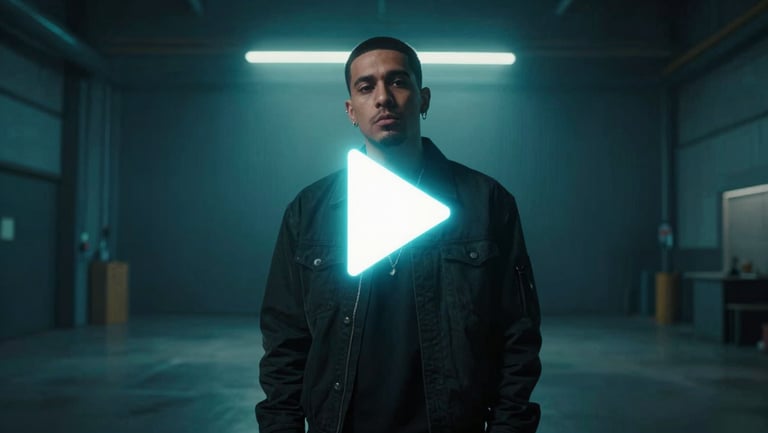 Cinematic music video frame of a rapper in a moody Bradford warehouse, low-key teal neon backlighting, anamorphic lens flare, play icon overlay