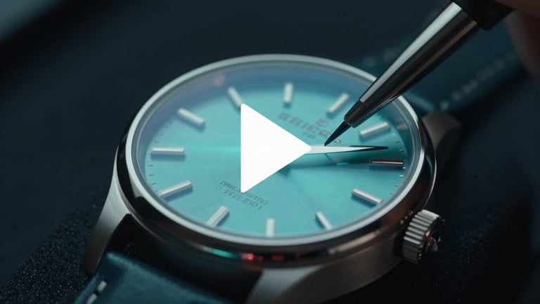 High-end commercial video frame of a luxury watch being polished, dark studio lighting, soft teal reflections on glass, play icon overlay