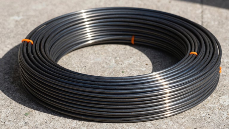 Coiled dark annealed wire alambre recocido, raw metallic texture, close-up under natural daylight
