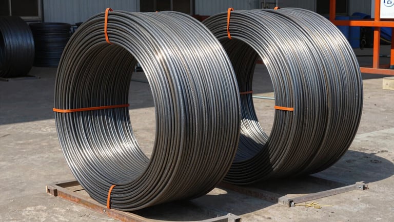 Coils of heavy steel wire rod alambrón, industrial warehouse setting, bright natural light reflecting on metal