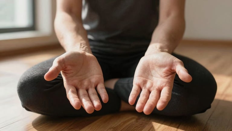 Close-up of the creator's hands resting open on their knees during a seated practice, soft natural window light falling across the fingers, a blurred warm-toned wooden floor visible beneath, calm and unhurried framing