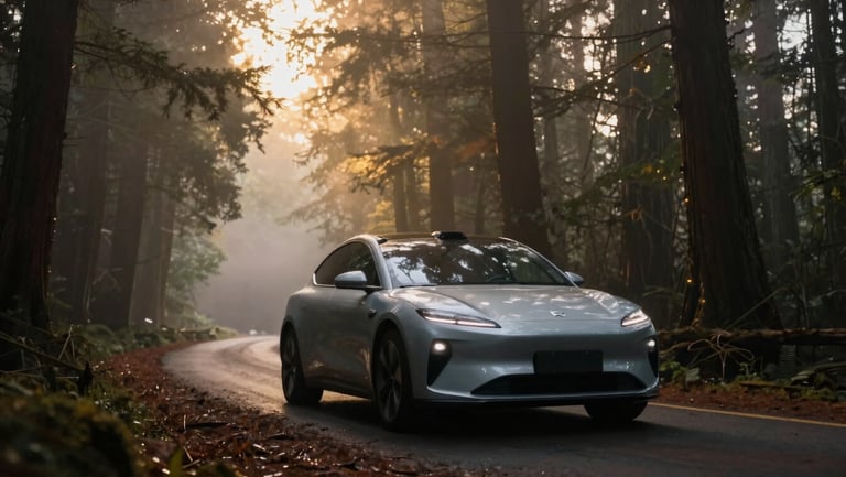 Sleek electric vehicle driving through a misty redwood forest, dramatic backlighting filtering through trees, 35mm lens.