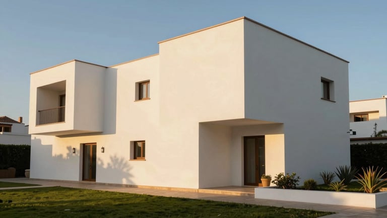 Fachada exterior de una villa de lujo en La Moraleja, arquitectura cúbica blanca, luz de tarde dorada, jardín minimalista.