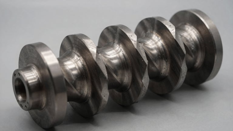 Precision-machined mud motor rotor showing helical steel lobes, harsh industrial shadows, metallic reflection