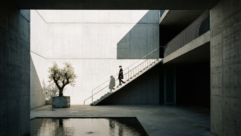 Minimalist concrete architectural courtyard with sharp diagonal shadows, high-contrast gallery lighting, 35mm photography
