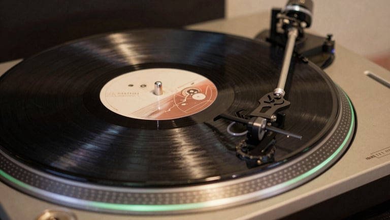 A close-up of vinyl record spinning on a turntable under low studio lighting