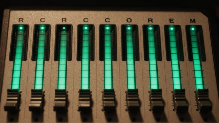 A close-up of a high-contrast soundboard with illuminated green levels in a dark studio