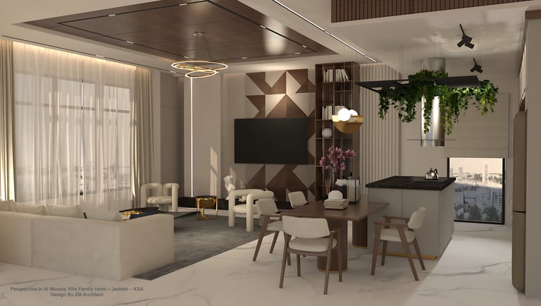 a living room with a dining room table and chairs