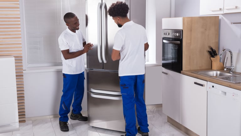 two men standing in front of a refrigerator