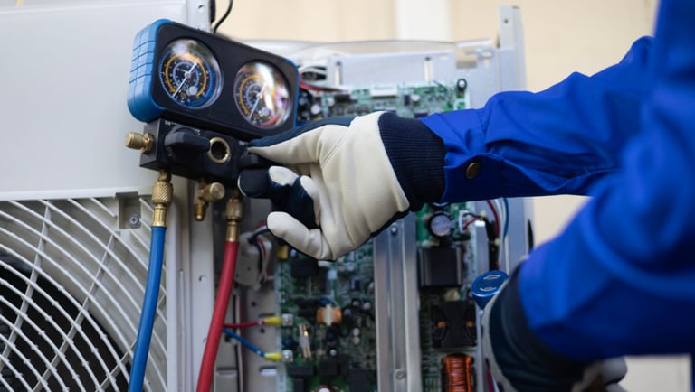 a person in a blue jacket and gloves holding a hose and a hose