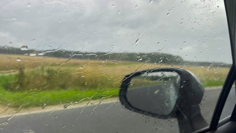 Blik vanuit auto door beslagen zijruit, met regendruppels en bos op achtergrond.
