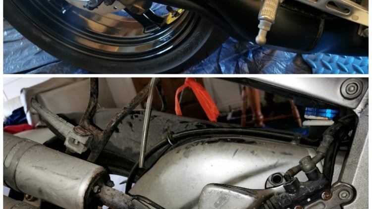 Aprilia RS250 before and after restoration swingarm and exhausts
