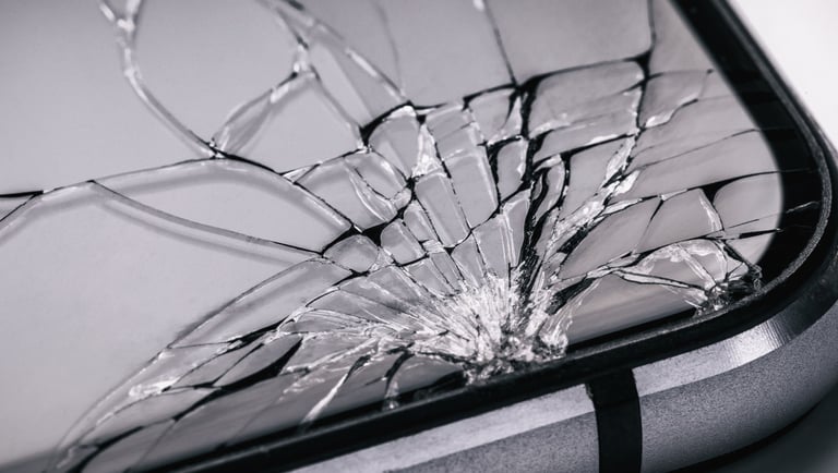 a broken cell phone screen showing a broken glass