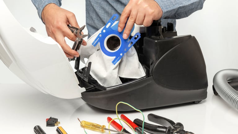 a man is holding a blue bag of tools