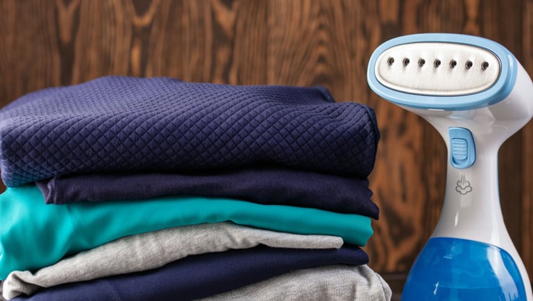 a pile of folded folded towels and a blue and white electric razor razor razor razor