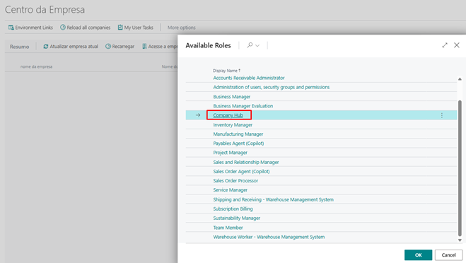 Microsoft Dynamics 365 Business Central interface showing the available roles selection menu with Company Hub highlighted.
