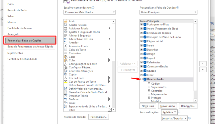 Microsoft Word options menu showing how to customize the ribbon and enable the developer tab.