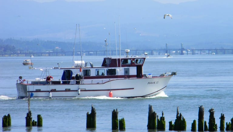 Fishing boat traveling on calm water near a bridge with pilings in the foreground