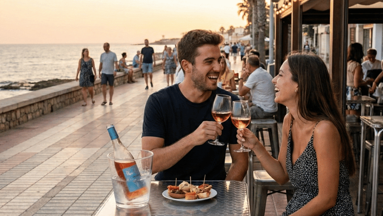 Pareja disfrutando tardeo con Cola de Gallo en Paseo de la Malvarrosa Valencia