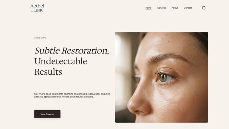 Aethel Clinic website homepage featuring facial restoration treatments and a close-up of clear skin.