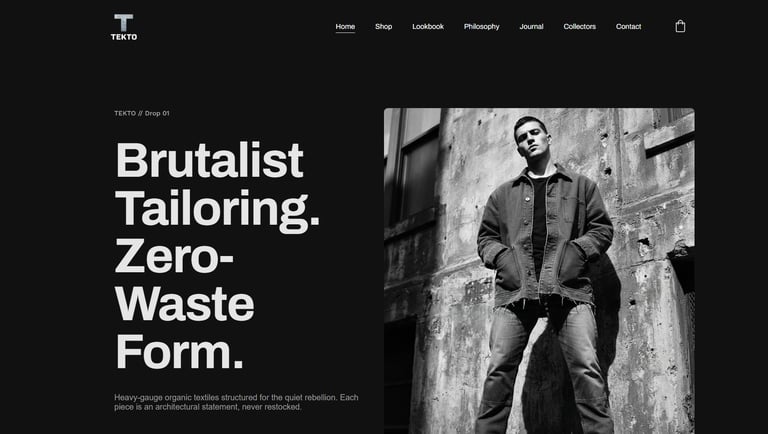 A man wearing a brutalist denim jacket and jeans posing against a concrete wall for Tekto fashion.