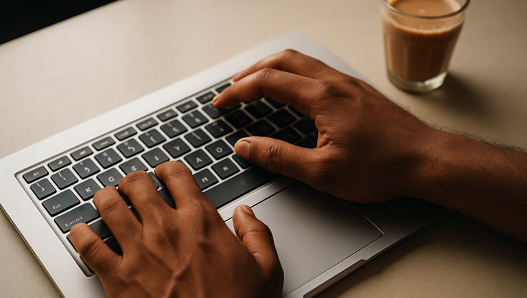 Close overhead shot of South Asian hands typing on a laptop keyboard on a clean desk, a glass of chai just out of focus in the upper right corner, warm natural window light from the left, fingers mid-keystroke
