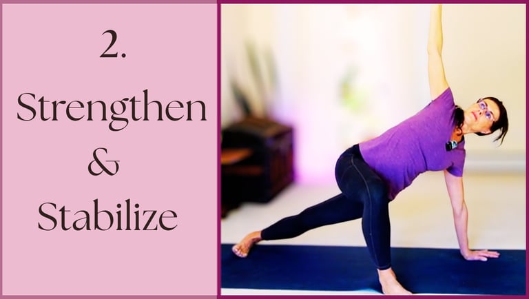 A woman practicing a yoga side plank pose to strengthen and stabilize her core on a blue mat.