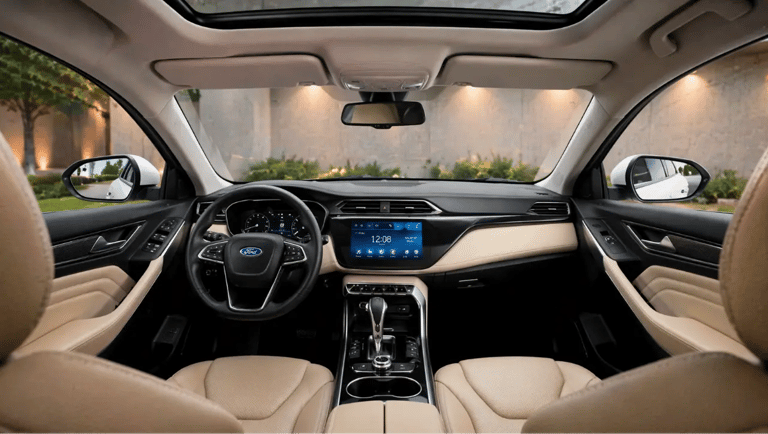 Interior do Ford Territory Titanium 2021 SUV médio com teto panorâmico mostrando painel digital