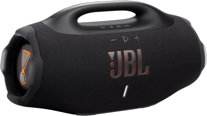 Vue de trois-quarts de l'enceinte portable JBL Boombox 4 noire