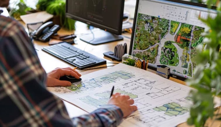 a man sitting at a desk with a computer creating a design