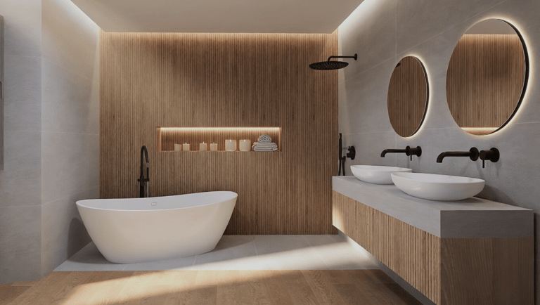 Modern luxury bathroom with freestanding bathtub, wood slat walls, and dual vessel sinks with round mirrors.