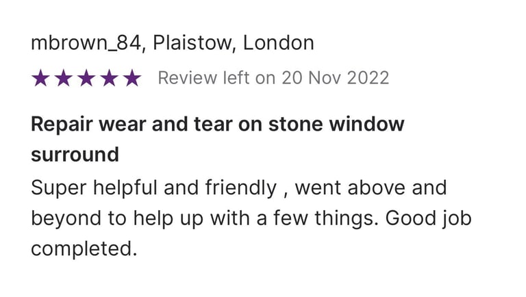Customer review for a stone window surround repair service in Plaistow, London with a five-star rating.