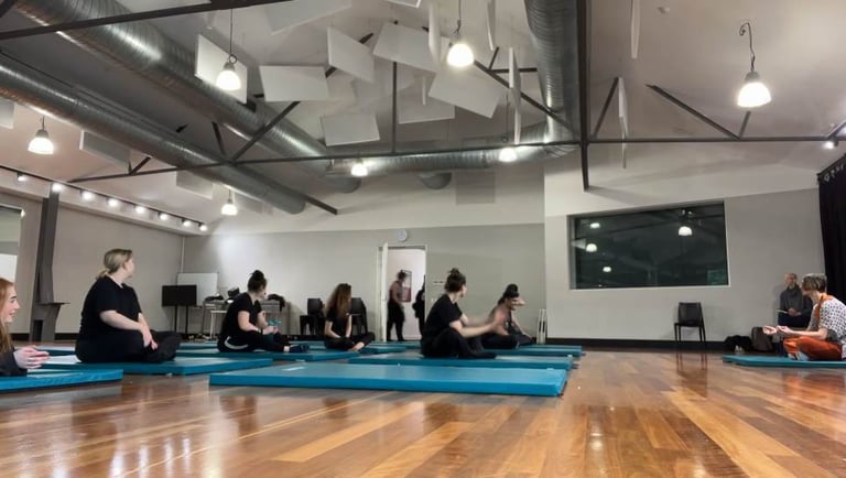 a group of people sitting on yoga mats