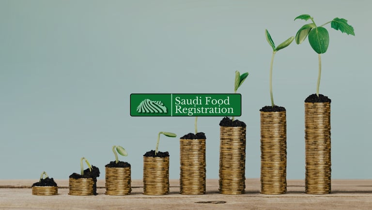 metal money scaling continusly with growing plant over it and Saudi Food Registration Logo