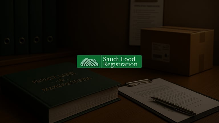 Green binder labeled Private Label & Manufacturing with documents, pen, and box—showing SFDA ownership and manufacturing