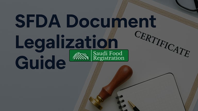 Official document with seal stamp, featuring the title ‘SFDA Document Legalization Guide’ and Saudi Food Registration logo.