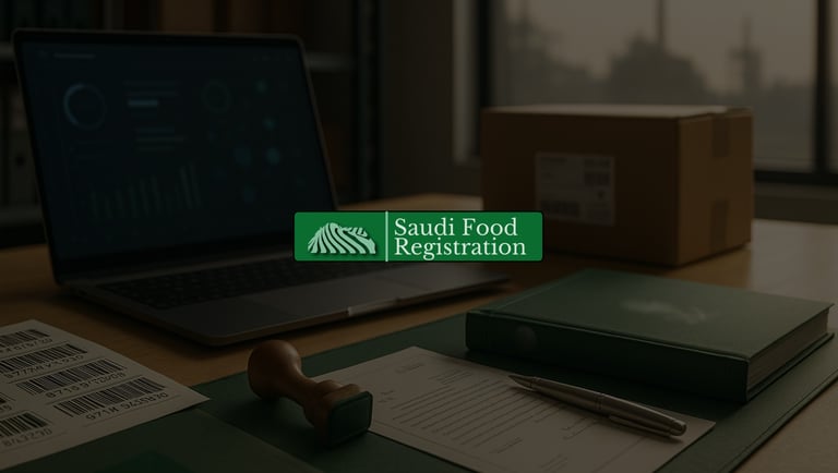 Desk with barcodes, documents, stamp, and laptop—visualizing SFDA portal roles and compliance setup in KSA.