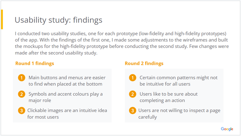 image of a slide with the usability study's findings