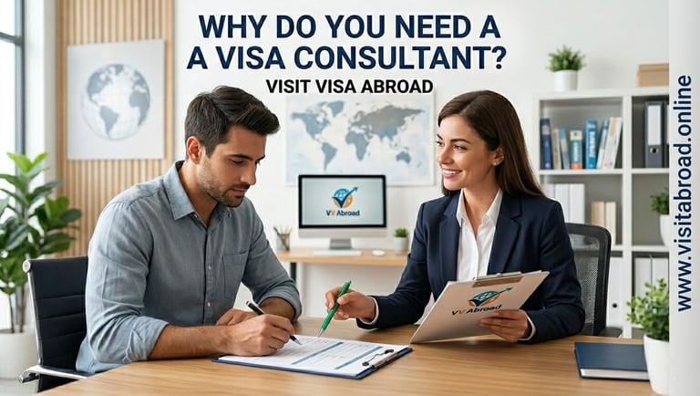 Professional visa consultant at Visit Visa Abroad assisting a client with application paperwork in a