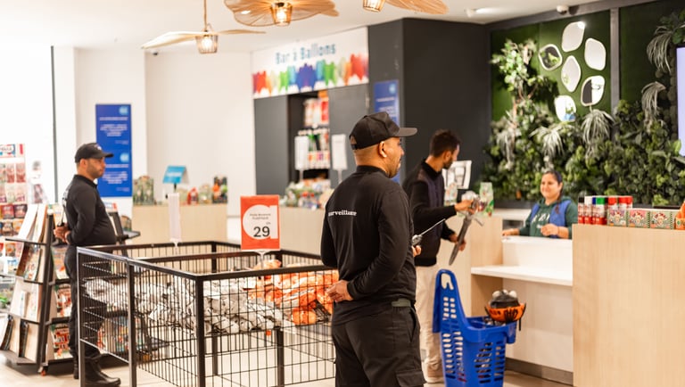 Agent de sécurité effectuant une ronde dans un mall à Casablanca.