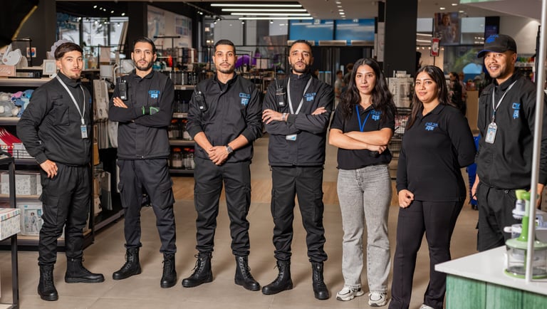 Équipe de sept agents de sécurité professionnels assurant la protection des locaux à Casablanca.