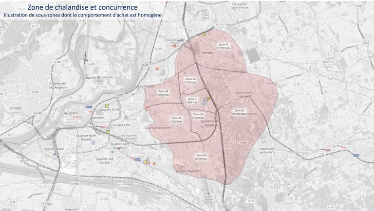 Carte de zone de chalandise et d'environnement concurrentiel réalisée dans le cadre d'une étude d'implantation commerciale.